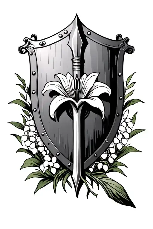 St. Micheal sheild with his spear as the design on the front of the shield with a boquet of 2 lily of the valley tattoo design idea