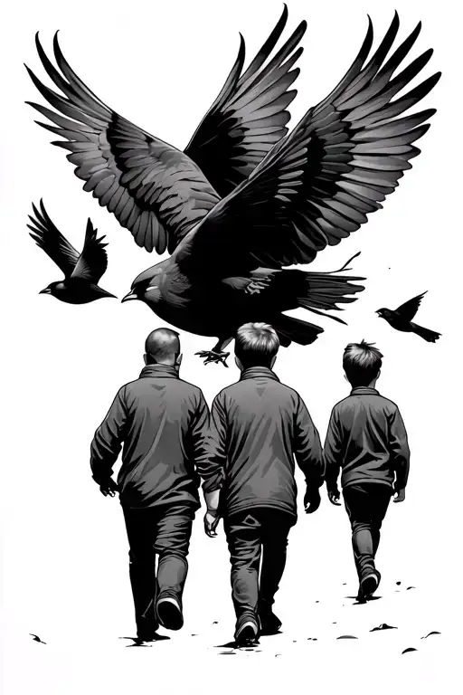 dad with two sons walking away, two cardinals flying away above tattoo design idea