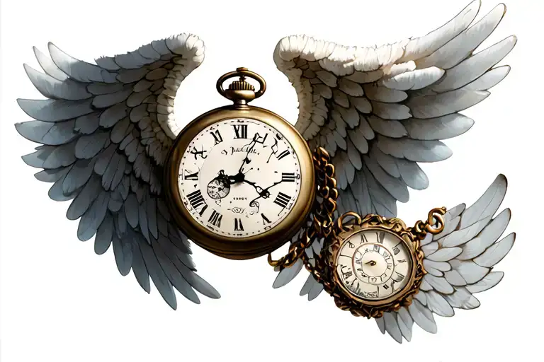angel wings with broken pocket watch surrounded tattoo design idea