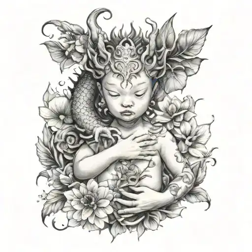  korean style baby girl hand on chest, incorporating elements of dragon.m and botanicals symbolising fatherly love tattoo design idea