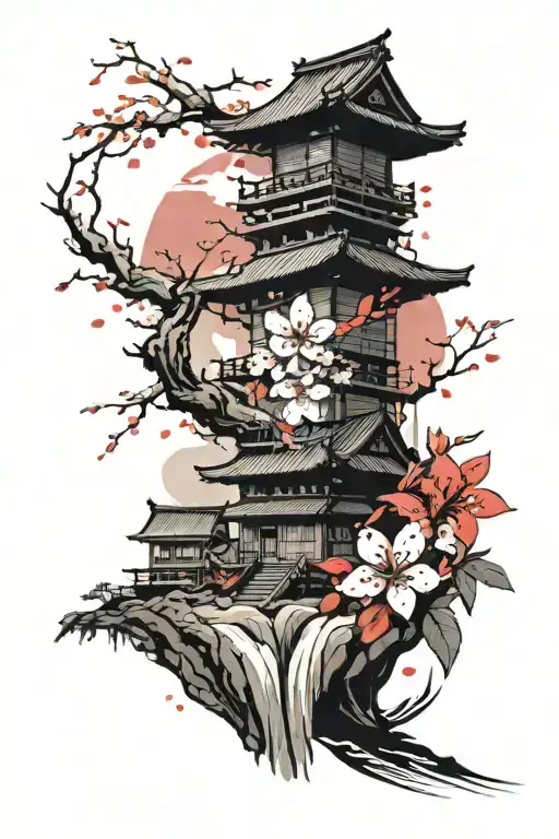 Japanese village red sun cherry blossom petals falling tattoo design idea