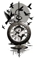 antique pocket watch with broken face with 5 birds flying in the background and robin on top tattoo design idea