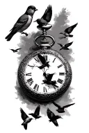 antique pocket watch with broken face with 5 birds flying in the background and robin on top tattoo design idea