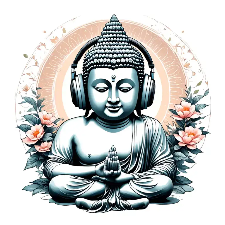 Buddha with headphones on, listening to music, meditating surrounded  tattoo design idea