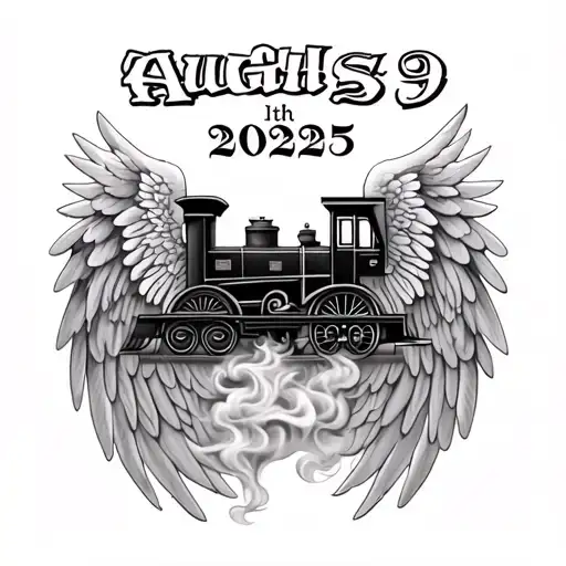 memorial realism train tattoo with the fat August 9th 2025 in Roman numerals with the smoke as angel wings tattoo design idea