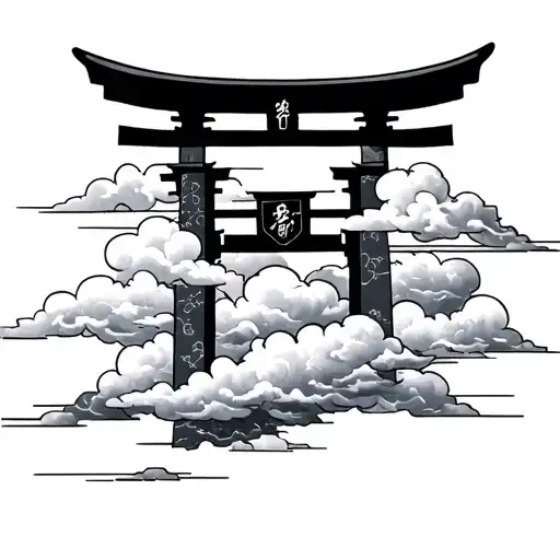 Japanese tattoo with cloud background and a torii tattoo design idea