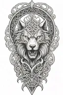 fenrir whit runes and snake, tree of life intertwined, viking axes tattoo design idea