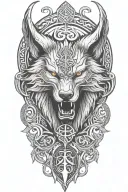 fenrir whit runes and snake, tree of life intertwined, viking axes tattoo design idea