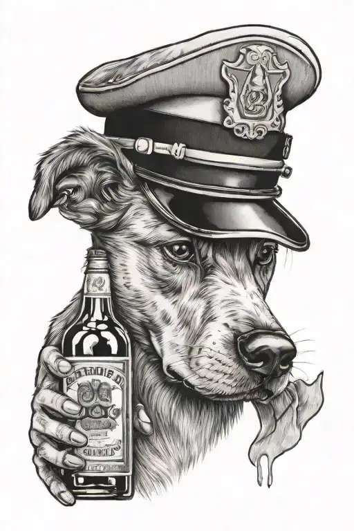 A tattoo design of a dog wearing a police hat and holding a bottle of bourbon in its mouth tattoo design idea