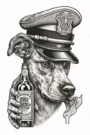 A tattoo design of a dog wearing a police hat and holding a bottle of bourbon in its mouth tattoo design idea