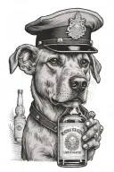 A tattoo design of a dog wearing a police hat and holding a bottle of bourbon in its mouth tattoo design idea