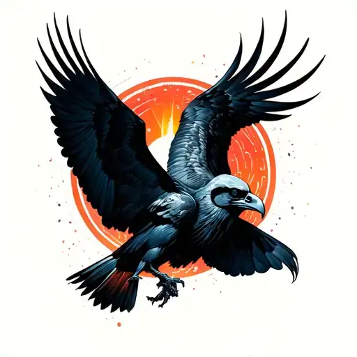 Negative space raven flying and a skull within the wings tattoo design idea