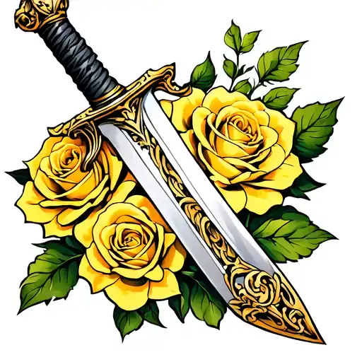sword through yellow roses tattoo design idea