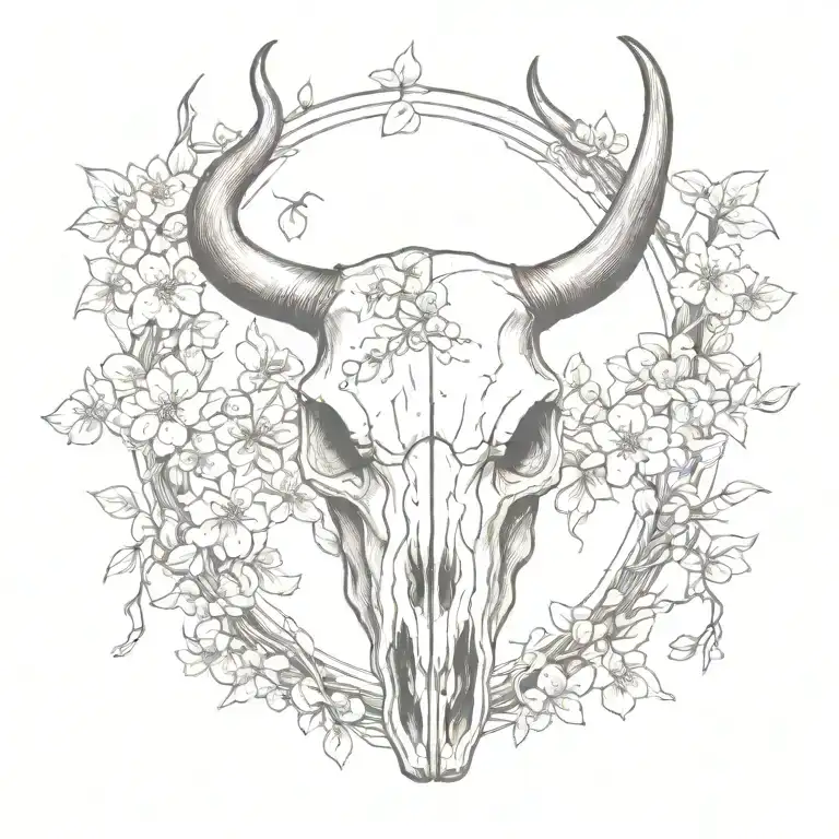 realistic  bull skull with cherry blossoms tattoo design idea