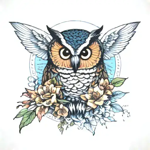 Mountain owl ocean botanical tattoo design idea