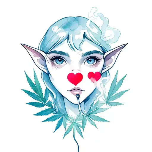 Elf with joint. Smoke hearts from the joint. Framed by hemp leaves tattoo design idea