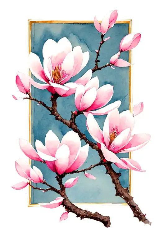 A Japanese-inspired illustration of a delicate branch with vertically arranged soft pink magnolia blossom in a frame tattoo design idea