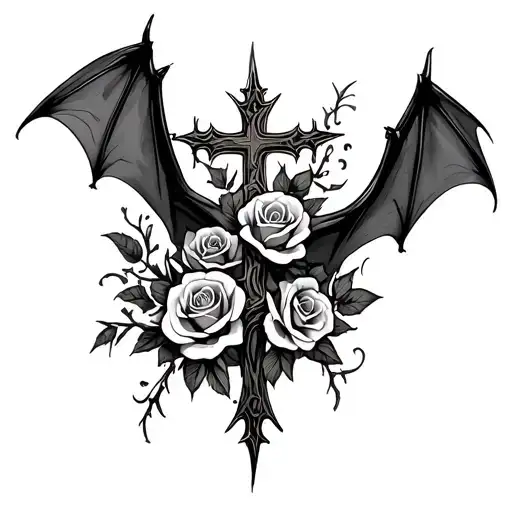 A flying bat behind a cross with roses and thorns tattoo design idea