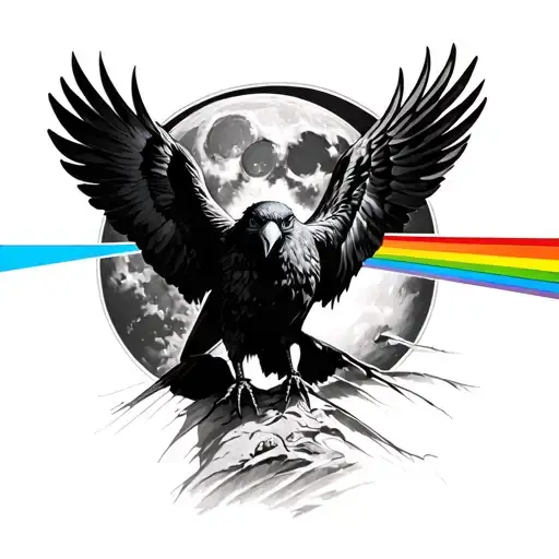 The wall pink floyd album cover with a black raven have the dark side of the moon prism though its eye on top of wall tattoo design idea