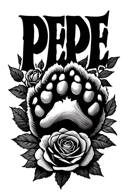 "PEPE" "PEPE" paw and roses surrounding tattoo design idea