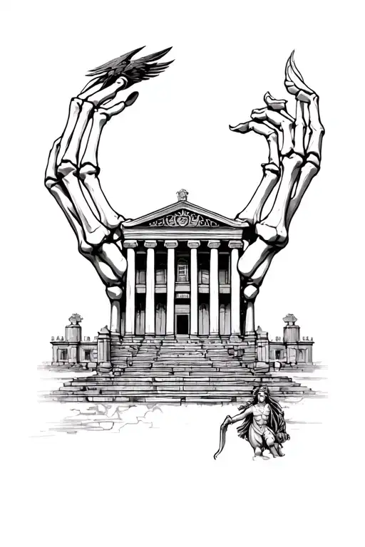 Skeletal hand Forearm: A Greek-style building with the god of destruction playing a significant role in th tattoo design idea