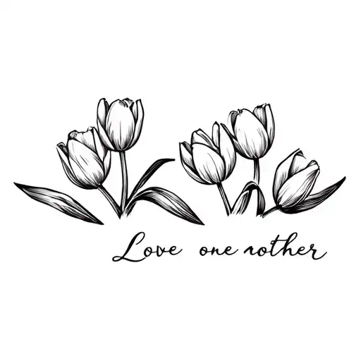 fineline tulips laying down on their side with the words "Love one another" accross the bottom tattoo design idea