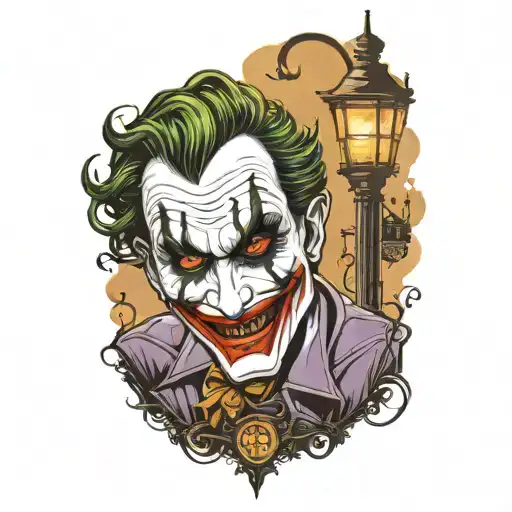 Full sleeve tattoo design featuring a Joker character in a noir style, surrounded by dark alleyways, vintage street lamp tattoo design idea