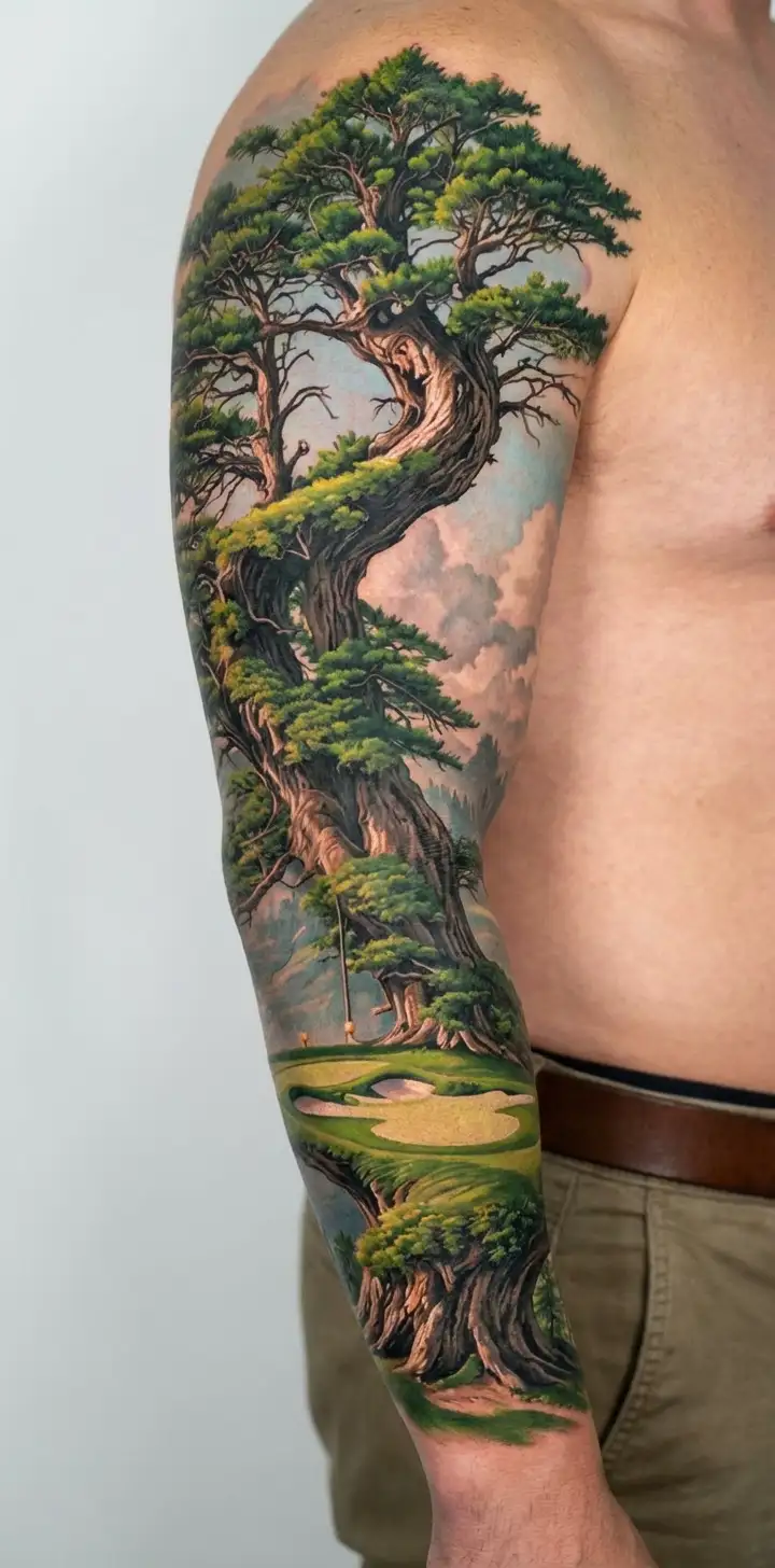pine forest wrap around tree golf course family tattoo design idea