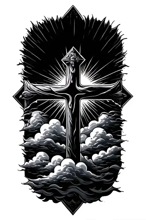 a cross with  clouds and sun rays  tattoo design idea