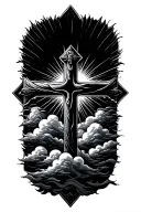 a cross with  clouds and sun rays  tattoo design idea