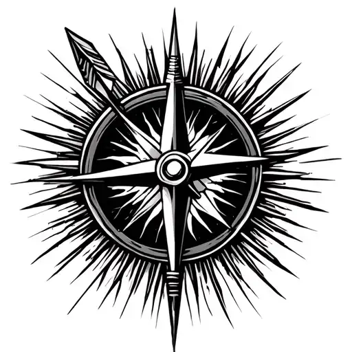 compass and arrow weapon, sun ray background black tattoo design idea