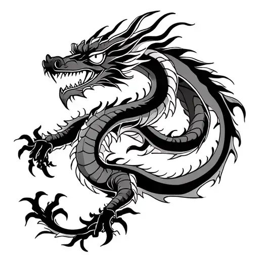 Dragon made in a traditional oriental style.- Form and pose: the dragon is presented in a dynamic pose, with a goal raised tattoo design idea