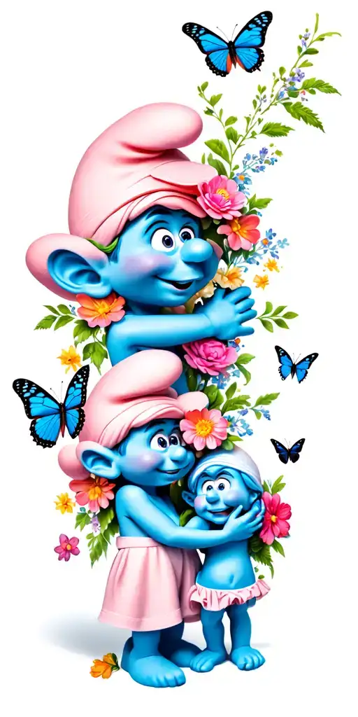 mama smurf and baby boy smurf with flowers and butterflies tattoo design idea