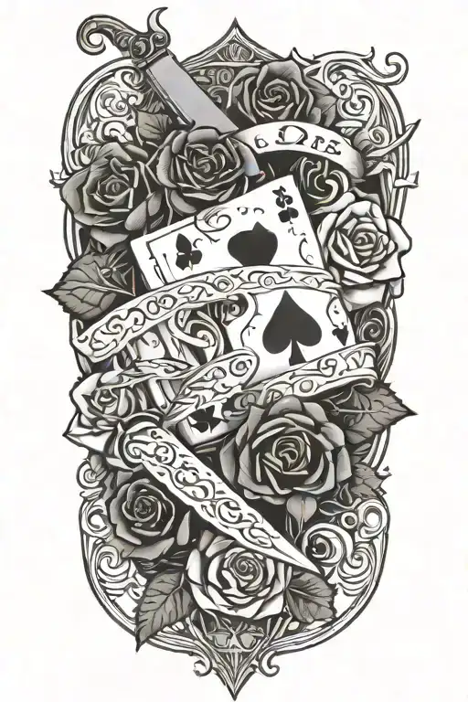 dagger going threw rose and vines wrapped around it with suits of cards etched in the blade  tattoo design idea