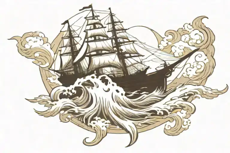 majestic sailing ship and deserted island landscape, good stencil for burning  tattoo design idea