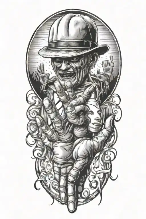 horror movie inspired tattoo featuring iconic symbols such as a balloon and freddy krueger hands tattoo design idea