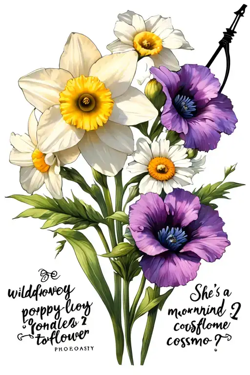 Realistic daffodil 3 poppy 2 morning glory 2 daisies 1 cosmo tattoo with bow and arrow and the quote She's a wildflower  tattoo design idea