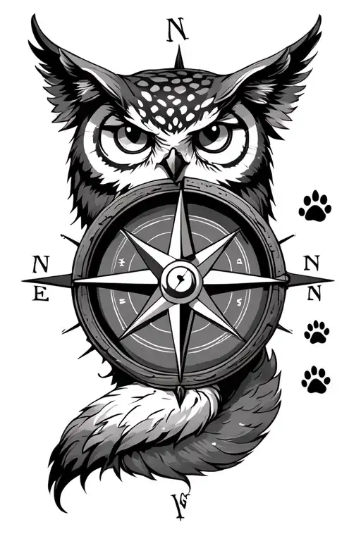 Compass rose with a owl, cat, bug, bear paw print and fox tail in or around it in gray scale tattoo design idea