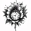 broken clock and dead flower tattoo design idea