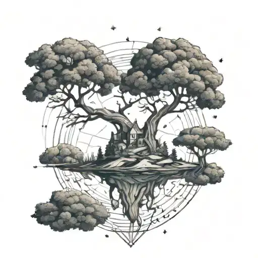 floating island with old tree tattoo design idea