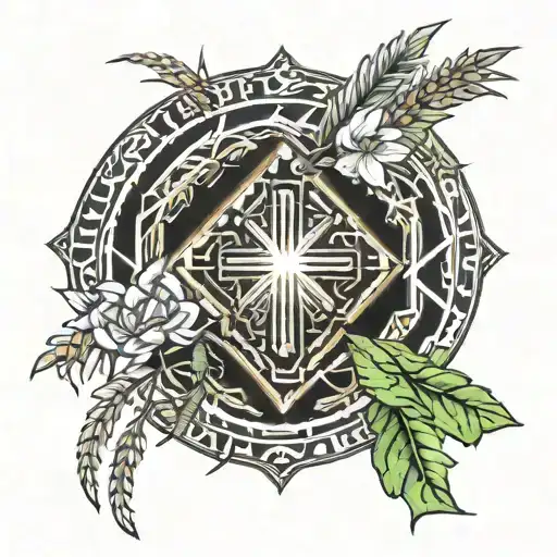 A tattoo design of the Cruz de San Benito surrounded by agricultural elements like wheat and flowers, representing protection and blessings in farming tattoo design idea