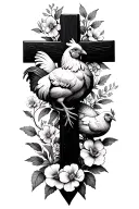 cross with silkie chickens and flowers around it  tattoo design idea