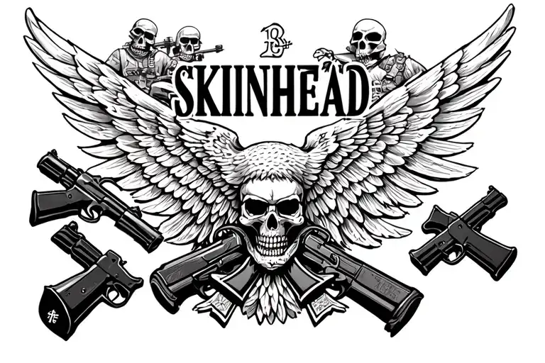 "SKINHEAD" full chest w/14 88, two iron crosses,, guns skulls, and war scene in background, german eagle with wide wings and swas tattoo design idea