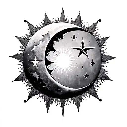 3 separate tattoos gothic star then sun then moon tattoo design idea