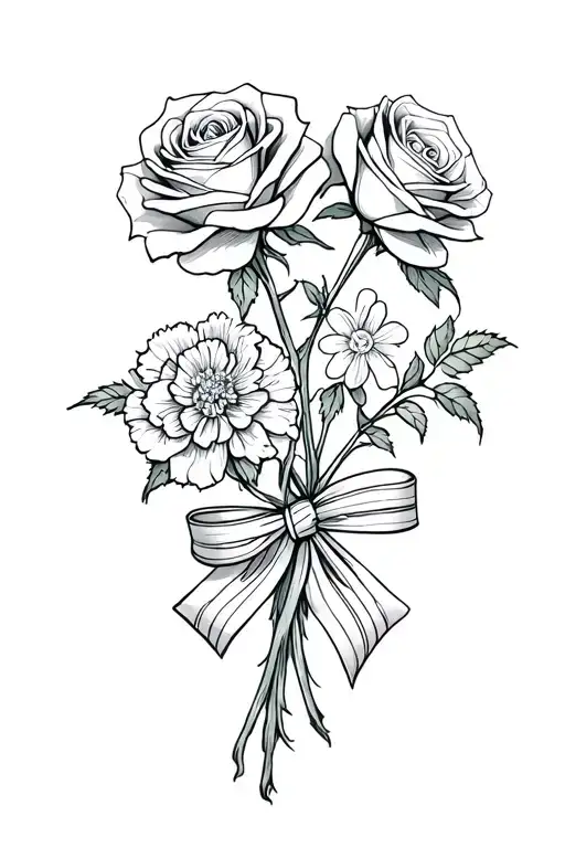 Three fineline roses, two carnations and a forget me not, all tied together with a ribbon  tattoo design idea