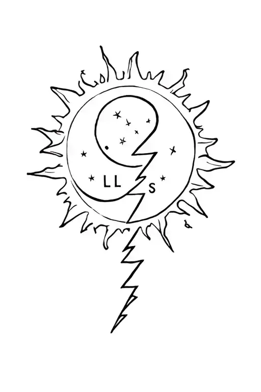 A moon and a sun divided by a crackling lightning bolt, with the letters L L L S S tattoo design idea