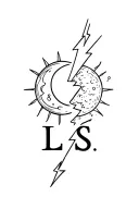 A moon and a sun divided by a crackling lightning bolt, with the letters L L L S S tattoo design idea