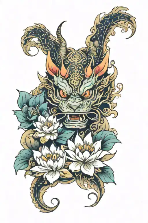 fu dog, dragon,  mandala, lotus flower, oni mask, surrounded by water elements, forearm wrapped tattoo design idea