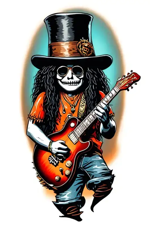 voodoo doll slash playing guitar with cylinder hat tattoo design idea