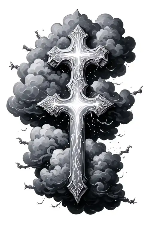 three cross shining in a cloud tattoo design idea